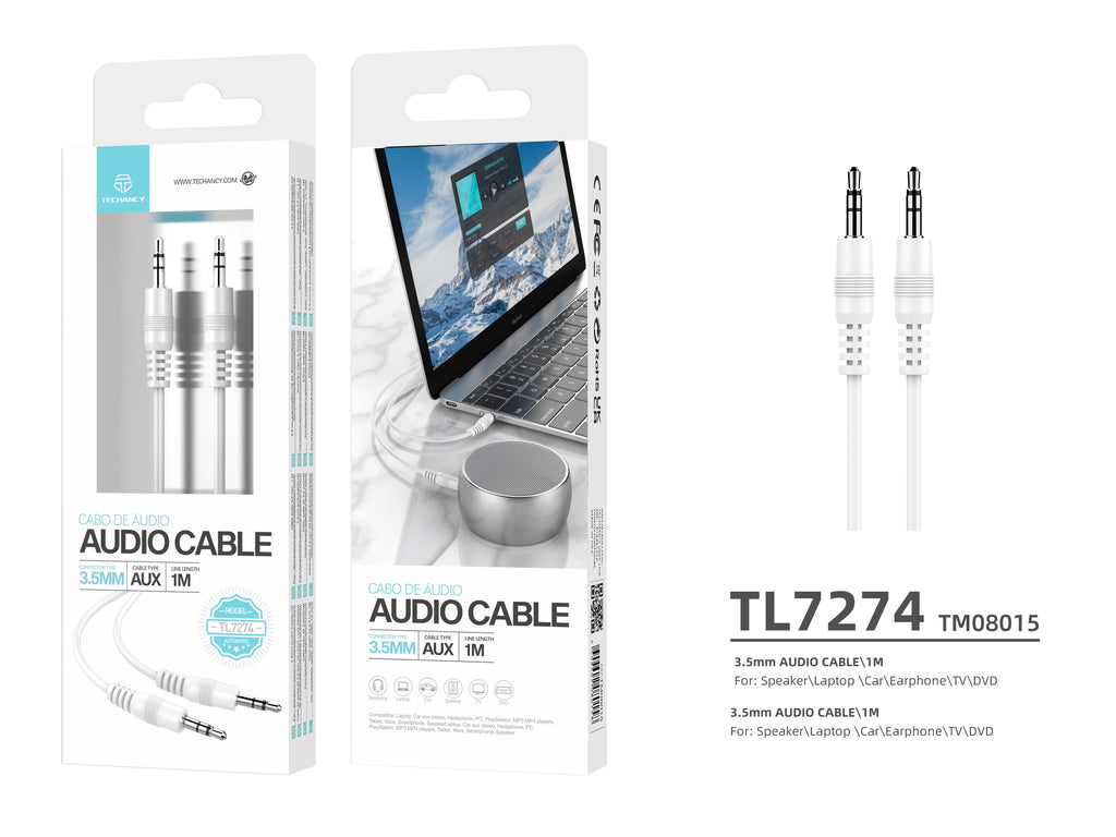 Cablu Audio Techancy 3.5mm Jack-Jack, Alb, 1m